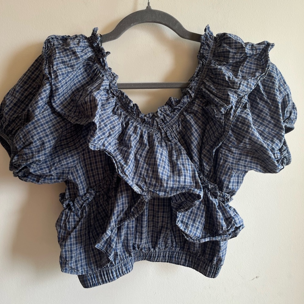 Olive Blue Checkered Ruffles Top